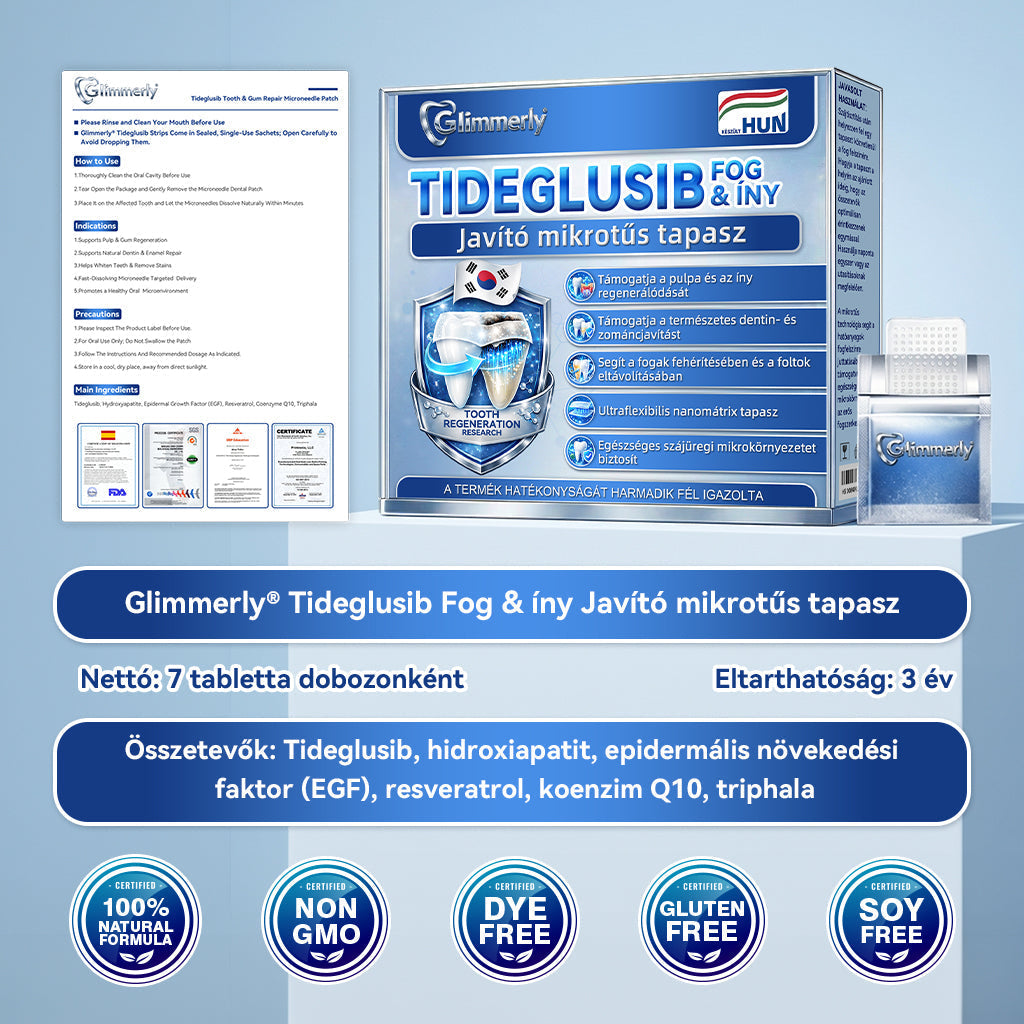 🦷𝐆𝐥𝐢𝐦𝐦𝐞𝐫𝐥𝐲® Tideglusib Fog & íny Javító mikrotűs tapasz | Fejlett őssejt-aktiváló fogcsíkok (újjáépíti a fogzománcot és a dentint • erősíti az ínyt • megszünteti a fogkövet és a szagokat • megállítja a fogérzékenységet)) 3.0🦷